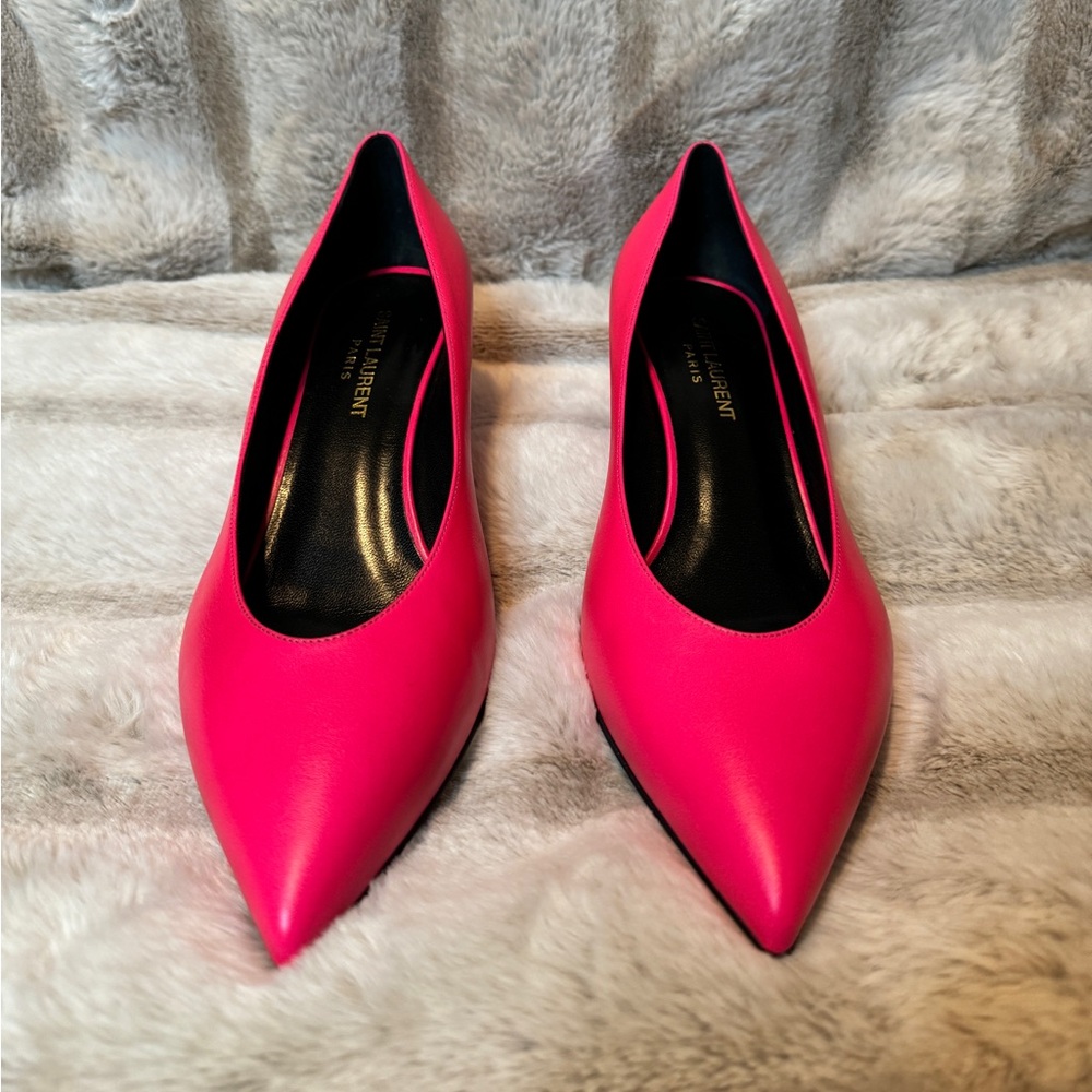 Bright Pink Saint Laurent Paris Italian Leather Low Heels